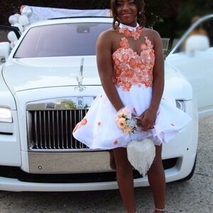 White and Orange Floral Prom Dress
